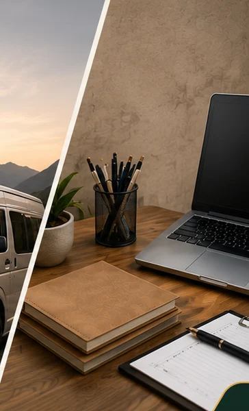 Illustration of a tidy wooden desk with notebooks, pens and a laptop