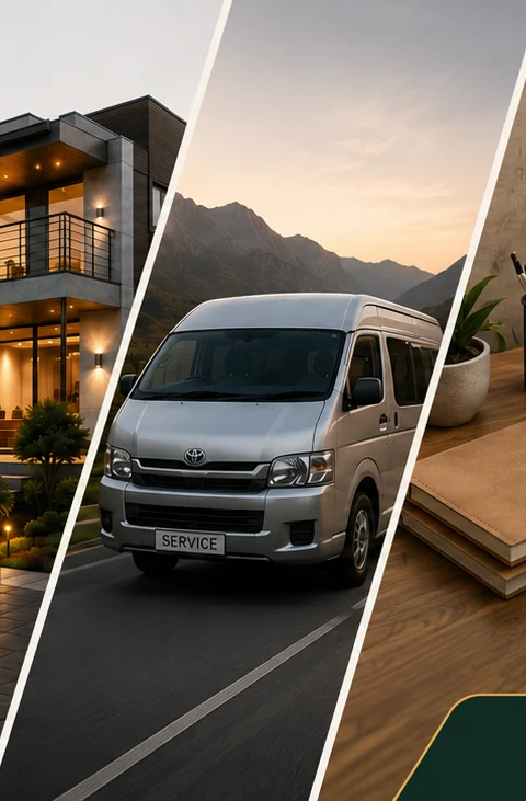 Illustration of a silver passenger van on an open road at sunset